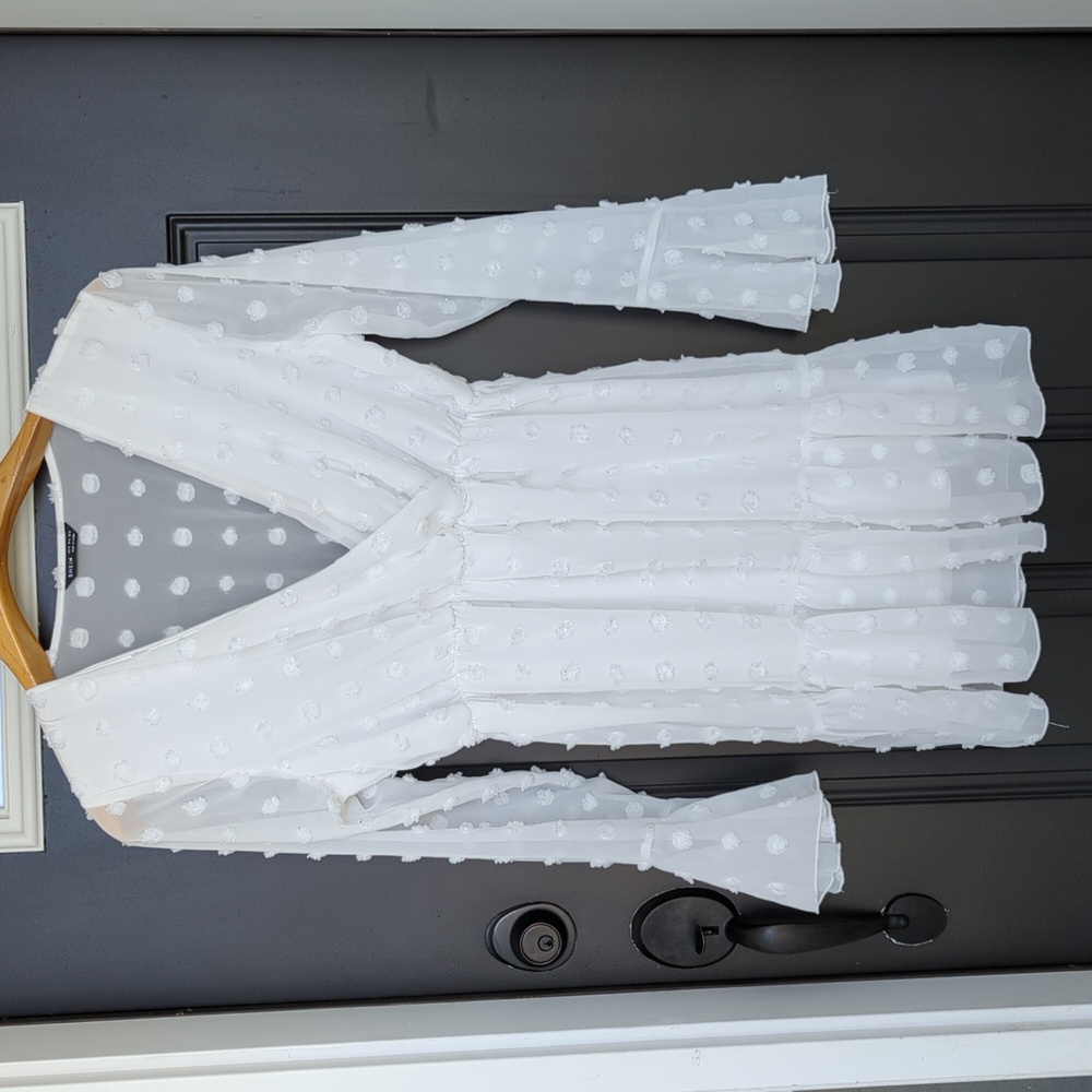 SHEIN White empire waist dress with sheer bell sleeves size medium